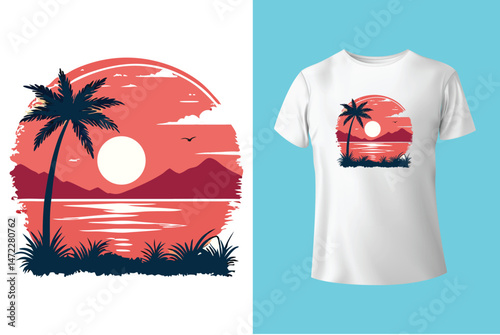 beach slogan with palms trees and white pigeons on blue sky background vector illustration