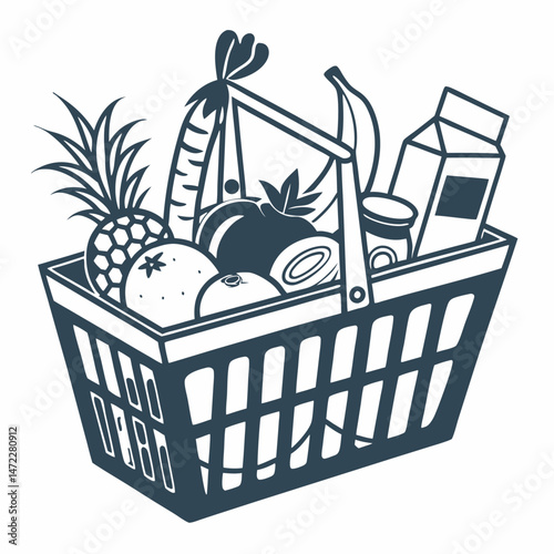 Shopping basket full of food and healthy grocery items monochrome illustration