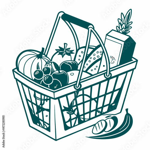 Grocery basket full of fresh food vector illustration in minimal style