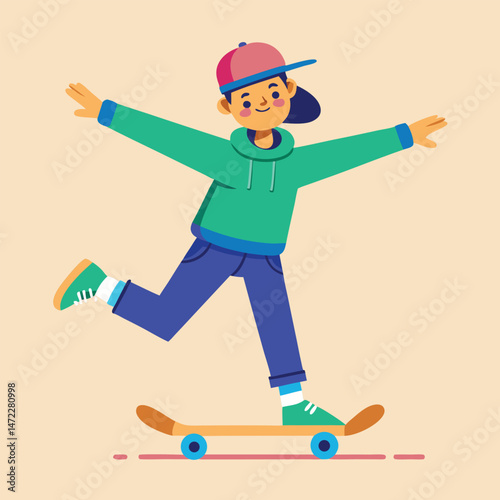 Cartoon character of a child riding a skateboard with a cap and colorful outfit on a beige background