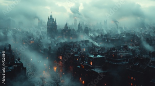 Fog-shrouded city, gothic architecture, industrial haze photo