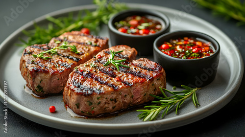 Grilled Steak with Sauces and Herbs on a Gray Plate