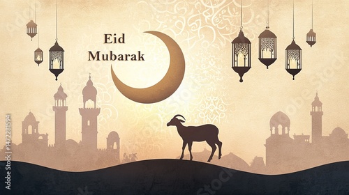 Minimal Eid Mubarak illustration featuring crescent moon, traditional lanterns, and goat silhouette, elegant Islamic ornament in background.