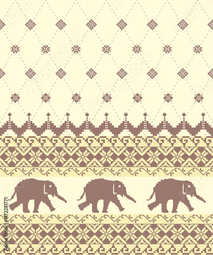 pattern composed of pixel designs with elephant and flower on  cream color background, design for fabric or various pattern printing works.