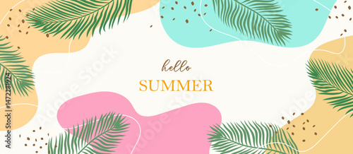 Tropical plant leaves summer backgruonds. Modern botanical illustration of monstera, palm leaf, banana leaf hibiscus. Vector leaves with playful vibrant colors.