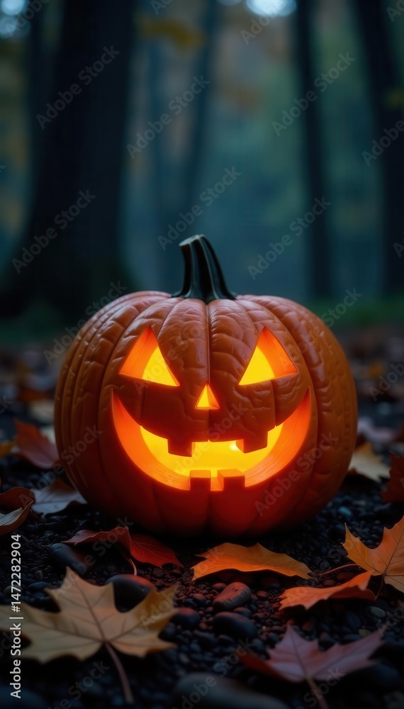 Obraz premium Glowing jack-o'-lantern amidst autumn leaves in a dark forest , creepy, festive, dark