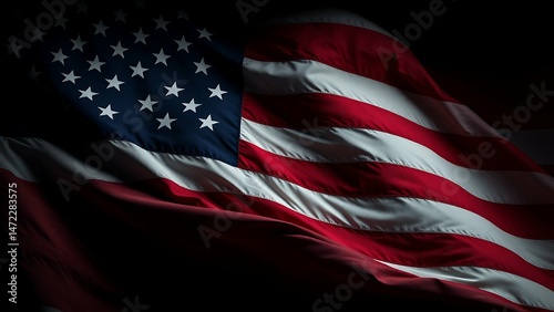 Waving American Flag Close-Up with Dramatic Lighting and Texture