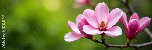 Pink magnolia blossoms on a twig, close-up view against blurred green , delicate, bloom