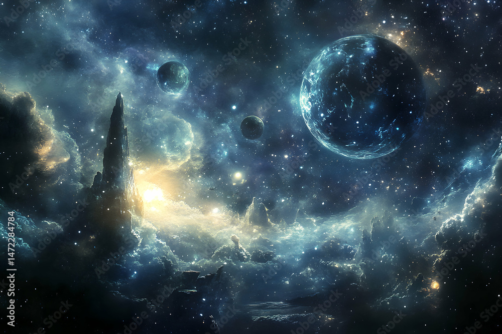 Obraz premium Cosmic Landscape with Stars, Planets, and Nebulae in Night Sky