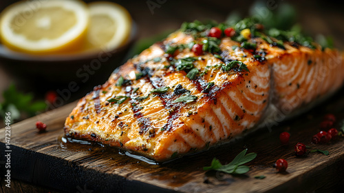 Grilled Salmon Fillet with Fresh Herbs and Lemon Slices on Board