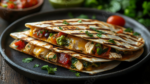 Grilled Quesadilla with Chicken and Fresh Vegetables on Plate