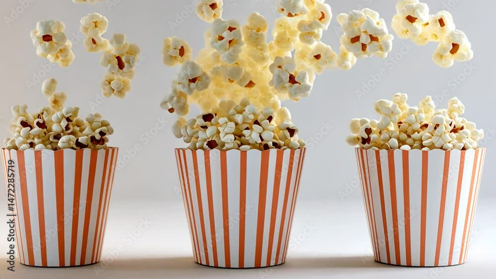 Animation of popcorn falling into three striped popcorn containers on a white backdrop Animation of popcorn falling into three striped popcorn containers on a white backdrop