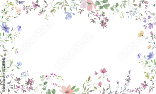 Watercolor floral frame with delicate wildflowers. For invitations, greeting cards. Hand drawn illustration. Vector EPS.