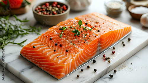 Fresh Salmon Fillet with Herbs and Spices on Marble Surface