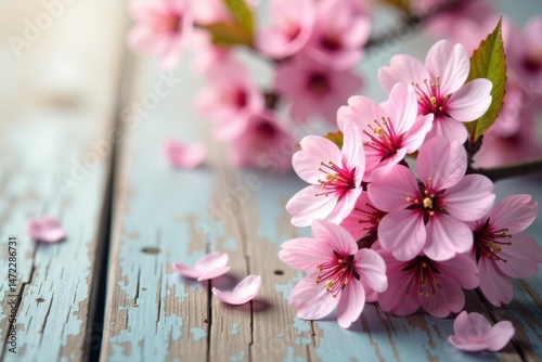 Delicate pink cherry blossoms on rustic wood, soft light, white backdrop, copy space, japanese, texture