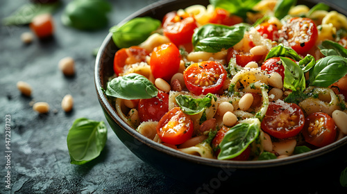 Fresh Pasta Salad with Cherry Tomatoes and Basil Garnish