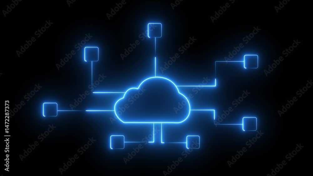 Cloud computing for data storage and transfer for safety, Cloud icon with data icon on the background world map, Futuristic technology global network data connection. neon glowing line animation line Cloud computing for data storage and transfer for safety, Cloud icon with data icon on the background world map, Futuristic technology global network data connection. neon glowing line animation line