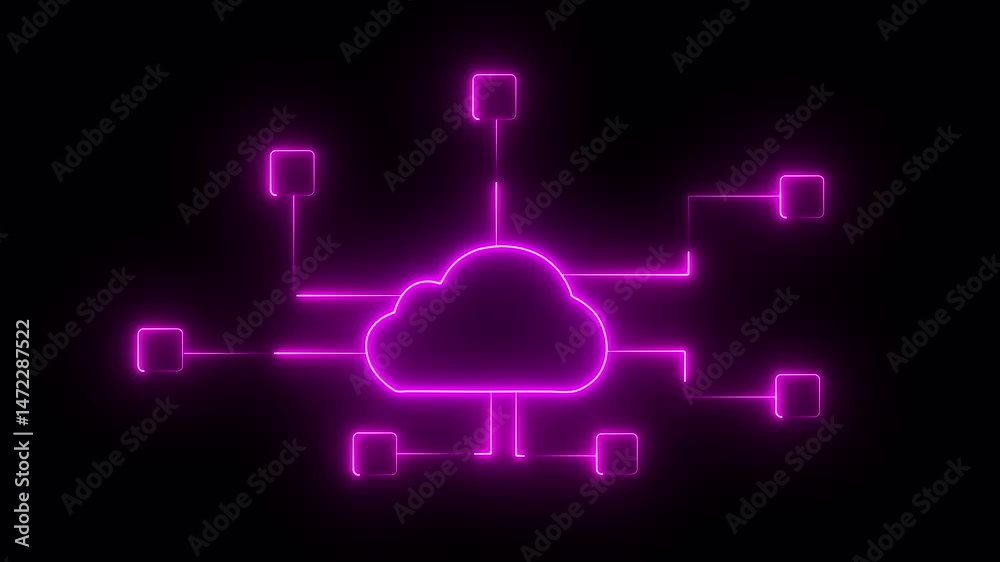 Cloud computing for data storage and transfer for safety, Cloud icon with data icon on the background world map, Futuristic technology global network data connection. neon glowing line animation line