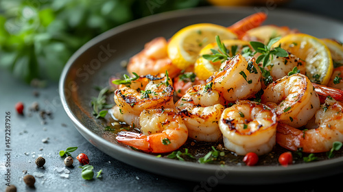 Grilled Shrimp Dish with Lemon, Herbs, and Spices on Black Plate
