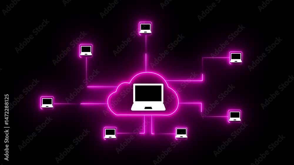 Network communication with laptop technology background. Neon glowing computer network icon animation in black background