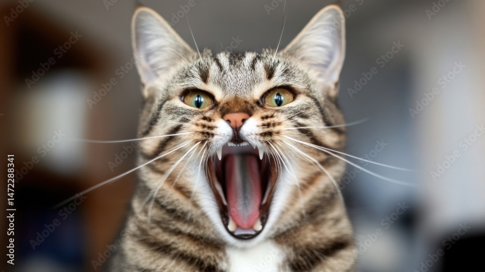 Obraz premium Close-up portrait of a tabby cat with its mouth wide open, showing teeth and pink tongue. The cat's fur is brown and gray, and its eyes are bright green. : Generative AI