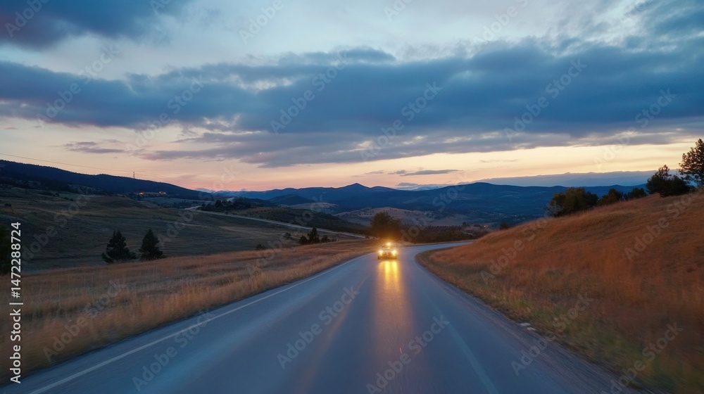 Naklejka premium A lone car drives along a winding mountain road at sunset, the warm light illuminating the landscape and casting long shadows. : Generative AI