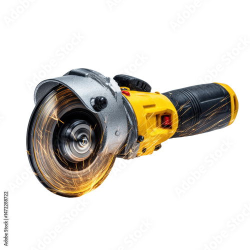 Powerful Angle Grinder with Sparks in Action on white background