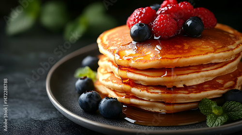 Delicious Stack of Fluffy Pancakes with Berries and Syrup