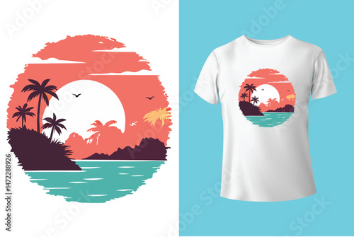 beach slogan with palms trees and white pigeons on blue sky background vector illustration