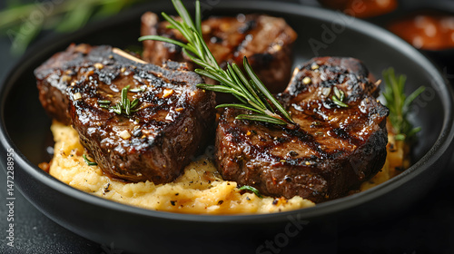 Grilled Steak with Rosemary and Creamy Mashed Potatoes Plate