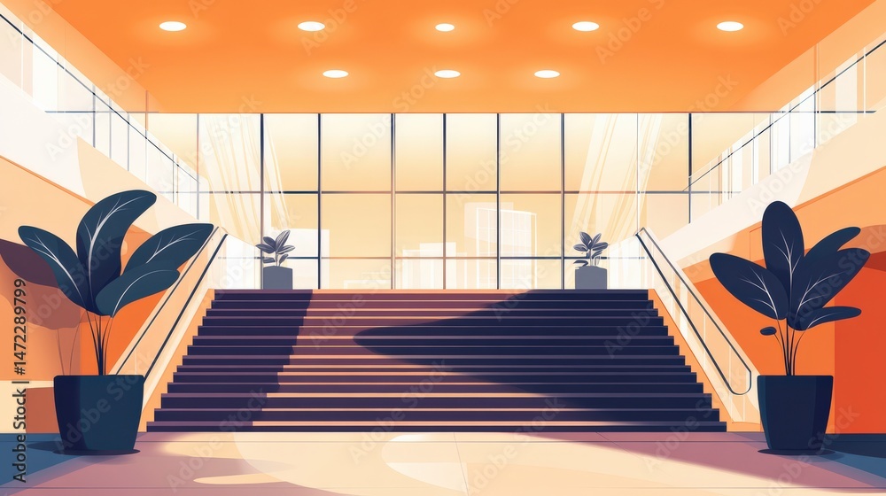 Naklejka premium Modern entrance with stairs and potted plants in bright orange tones showcasing a stylish design