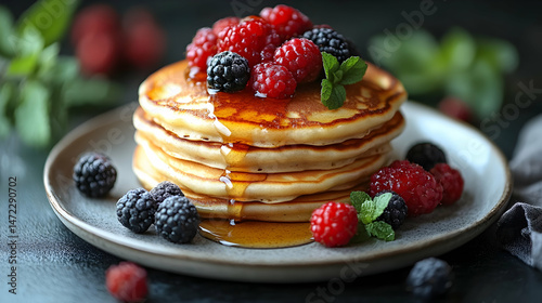 Delicious Stack of Pancakes Topped with Berries and Maple Syrup