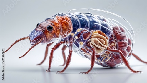 Microscopic rotifer in feeding pose with active corona and visible internal organs, isolated on white background
