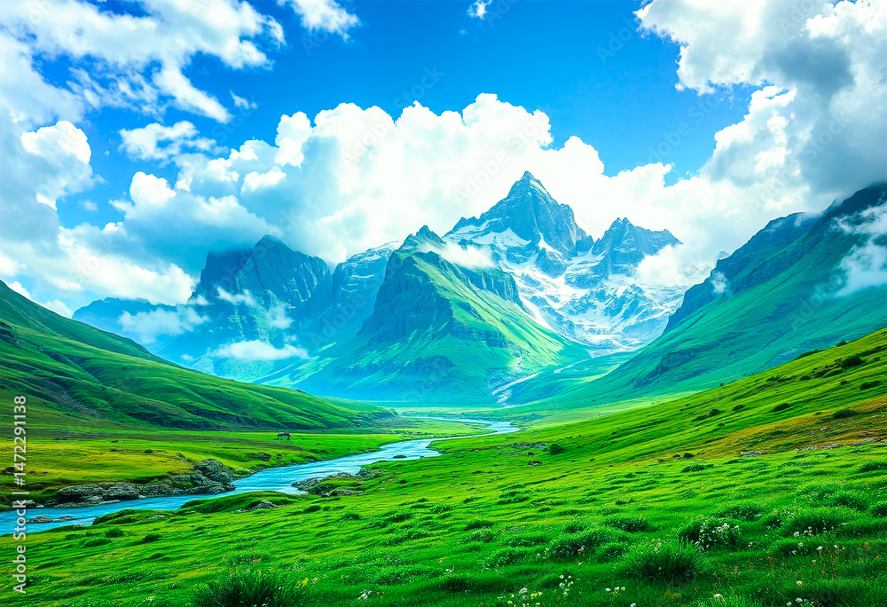 Fototapeta premium Peaceful Mountain Valley with Flowing Clear Stream