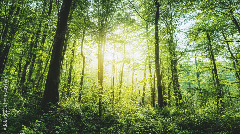Fototapeta premium Beautiful sunlight in green forest. Majestic morning rays in tranquil forest hiking pathway. Green nature calming summer warm day. Scenic forest of fresh green deciduous trees, recreational landscape.