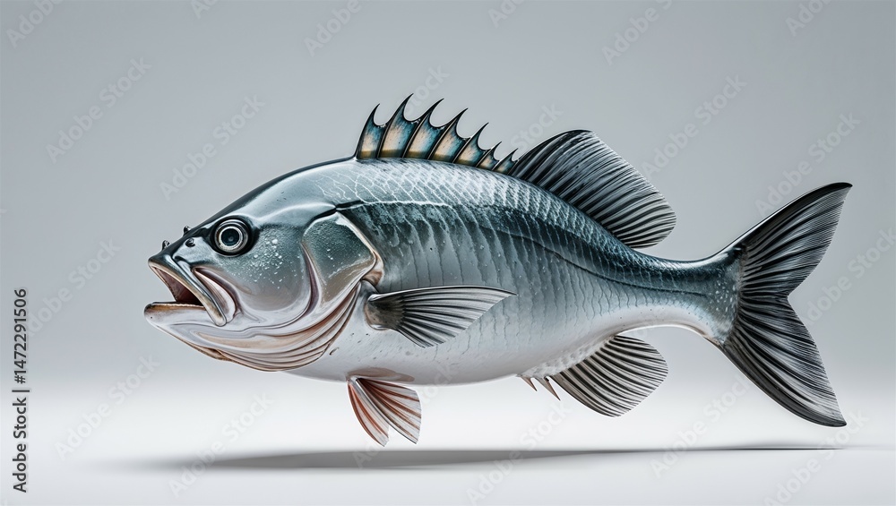 Atlantic cod swimming calmly with fins down, side profile, isolated on white background
Atlantic cod swimming calmly with fins down, side profile, isolated on white background