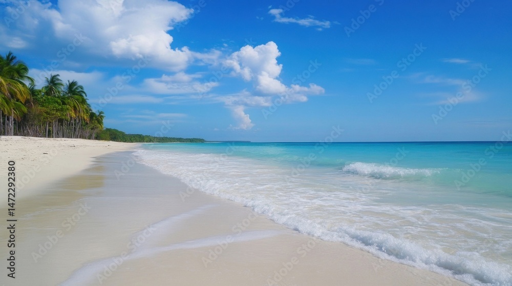 Serene tropical beach scene with palm trees, white sand, and turquoise water under a bright blue sky, perfect for vacation or travel imagery. : Generative AI Serene tropical beach scene with palm trees, white sand, and turquoise water under a bright blue sky, perfect for vacation or travel imagery. : Generative AI