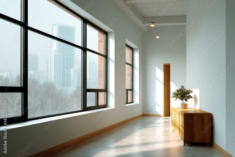 Obraz premium Modern Loft Corridor with Large Windows