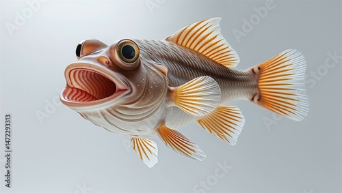Photorealistic goby fish with wide mouth and dorsal fin extended, swimming on white