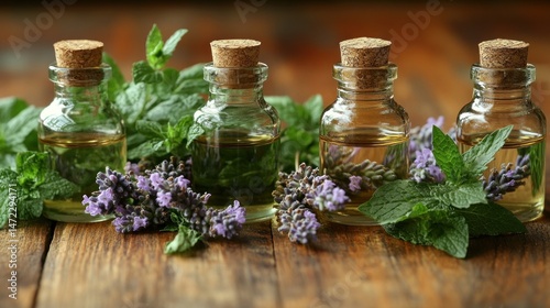Aromatic essential oils in glass bottles, surrounded by lavender and mint on a wooden table photo