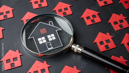 Magnifying Glass Focuses on a Single Black House Amidst a Sea of Red Houses, Symbolizing a Real Estate Selection Process or Property Search. photo