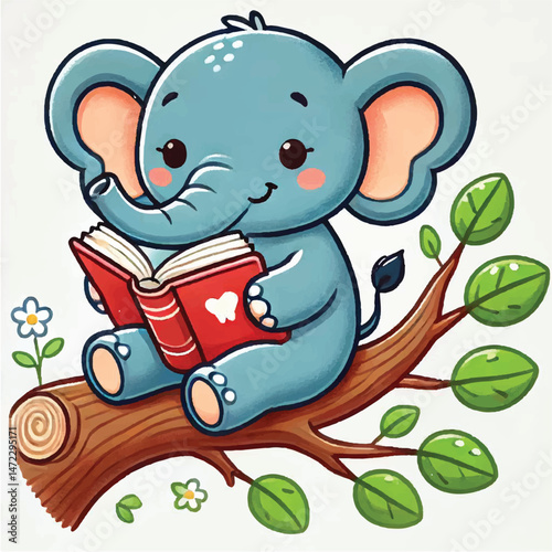 Cute Elephant Reading Book On Branch Tree Cartoon Vector Icon Illustration