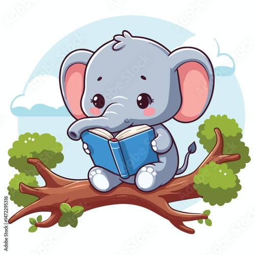 Cute Elephant Reading Book On Branch Tree Cartoon Vector Icon Illustration