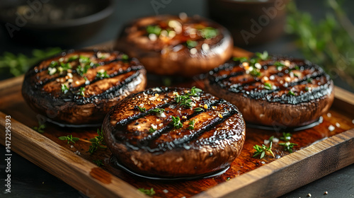Grilled Portobello Mushrooms on a Wooden Board with Herbs