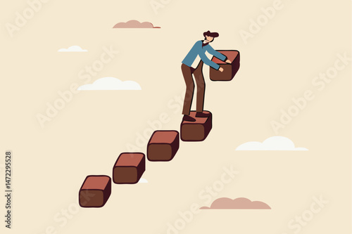 Build business success stairs, self development or career growth and job improvement, growing up or job promotion concept, businessman building staircase to progress ascending business growth.