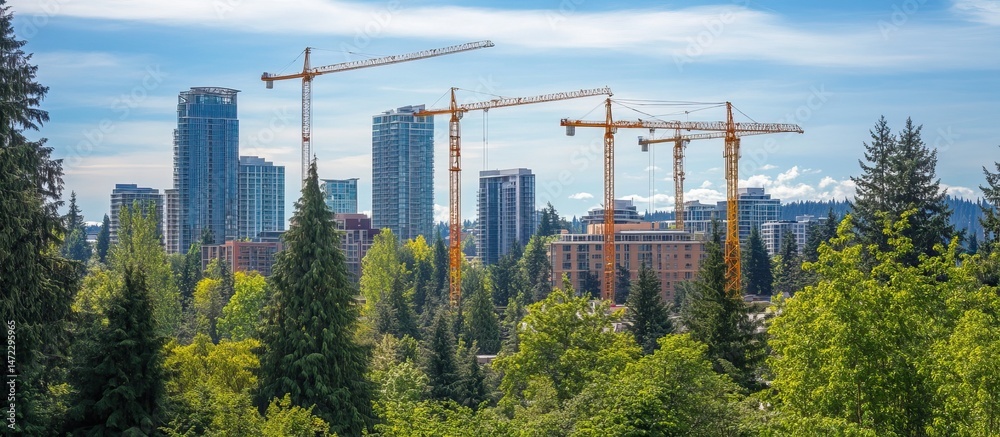 Fototapeta premium Cityscape with Construction Cranes and Green Trees