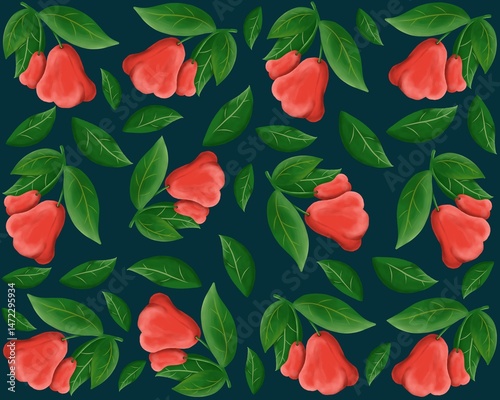 Seamless pattern featuring red rose apple fruits and lush green leaves on a dark background. Perfect for fabric, packaging, wallpaper, and tropical-themed design projects.