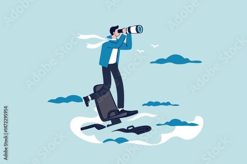 Career future or job opportunity, being ignore or overlook by boss or colleagues, uncertainty in work or career path concept, lonely businessman standing look for near future on sinking office chair.