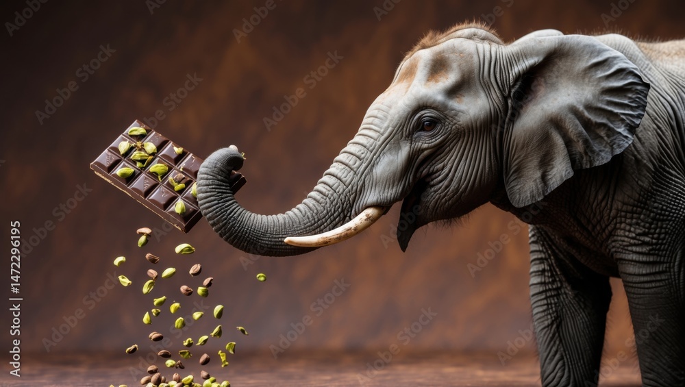 Obraz premium An elephant interacting with a sweet snack, surrounded by scattered nuts, showcasing playful curiosity