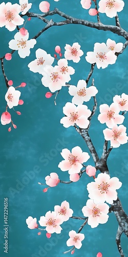 Blooming Cherry Blossoms Against a Textured Teal Background in Vertical Orientation Design